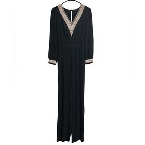 Black‎ long sleeved wide legged jumpsuit women’s small NWOT crochet trim boho